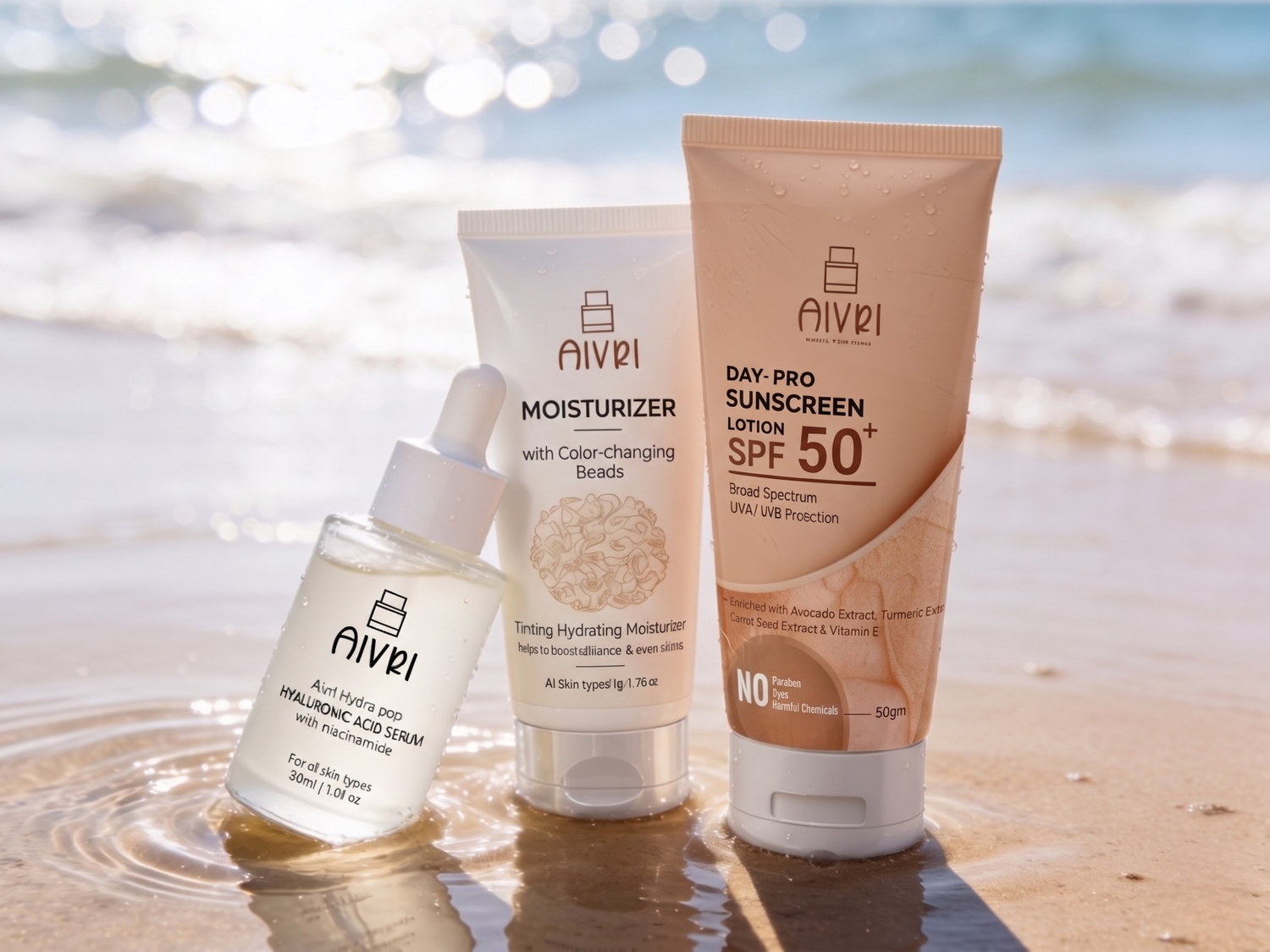 AIVRI Hyaluronic Acid Serum, Tinted Moisturiser and Day-Pro Sunscreen SPF 50+ Combo – Complete Hydrating and Sun Protection Skincare Set