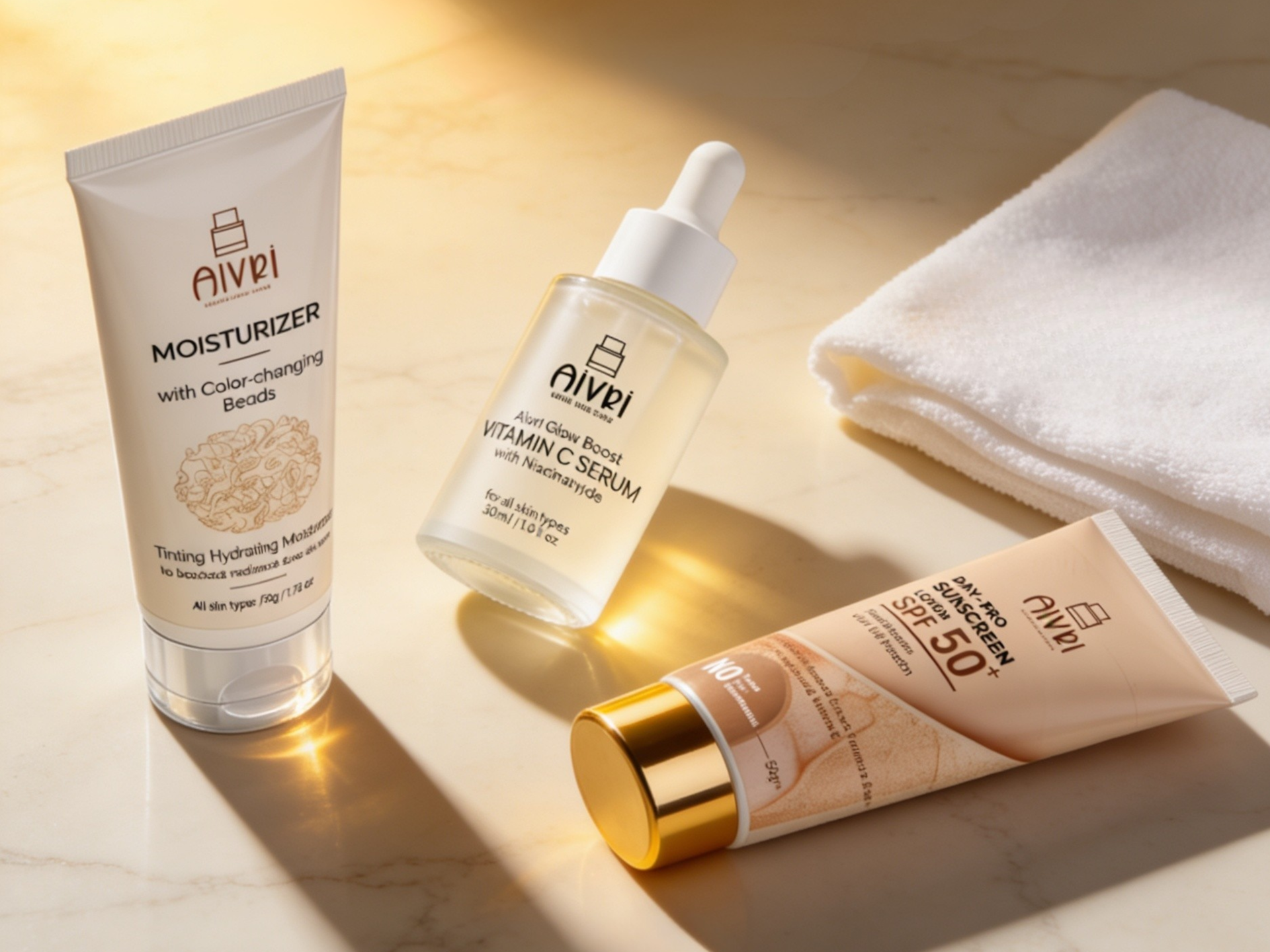 AIVRI Vitamin C Serum, Tinted Moisturiser and Day-Pro Sunscreen SPF 50+ Combo – Brightening and Anti-Aging Complete Skincare Set